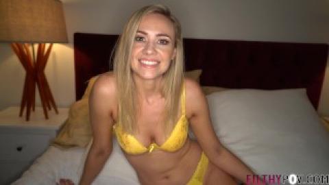 Porn casting with a pretty blonde in yellow erotic lingerie