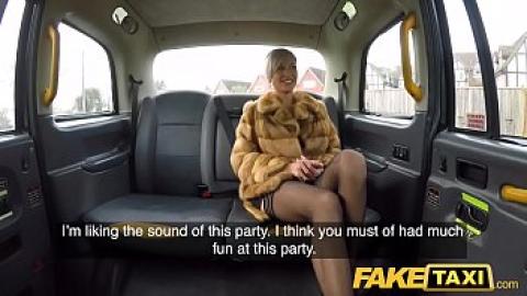 Fake taxi - Russian woman in luxurious fur coat enjoying with a taxi driver